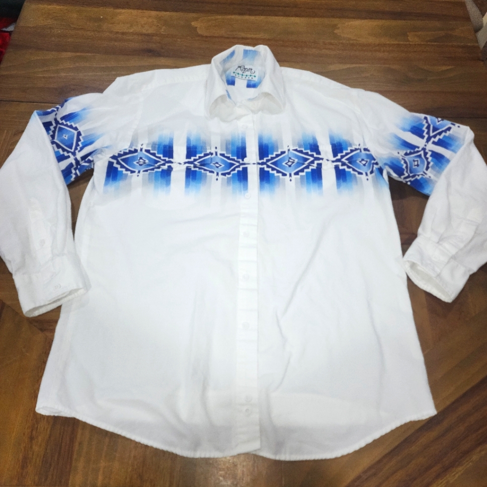 Roper Button Down Shirt Blue Design, Large, Western Cowboy Rodeo Mens